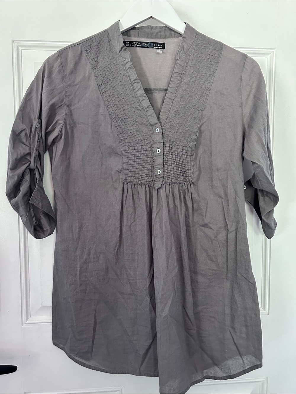 Zara Light Gray V-Neck Pintuck Tunic